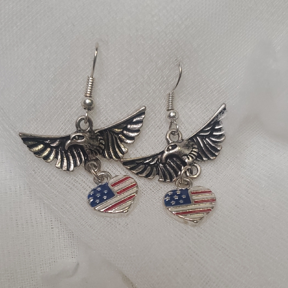 Patriotic Silver Eagle Earrings with Heart Charms